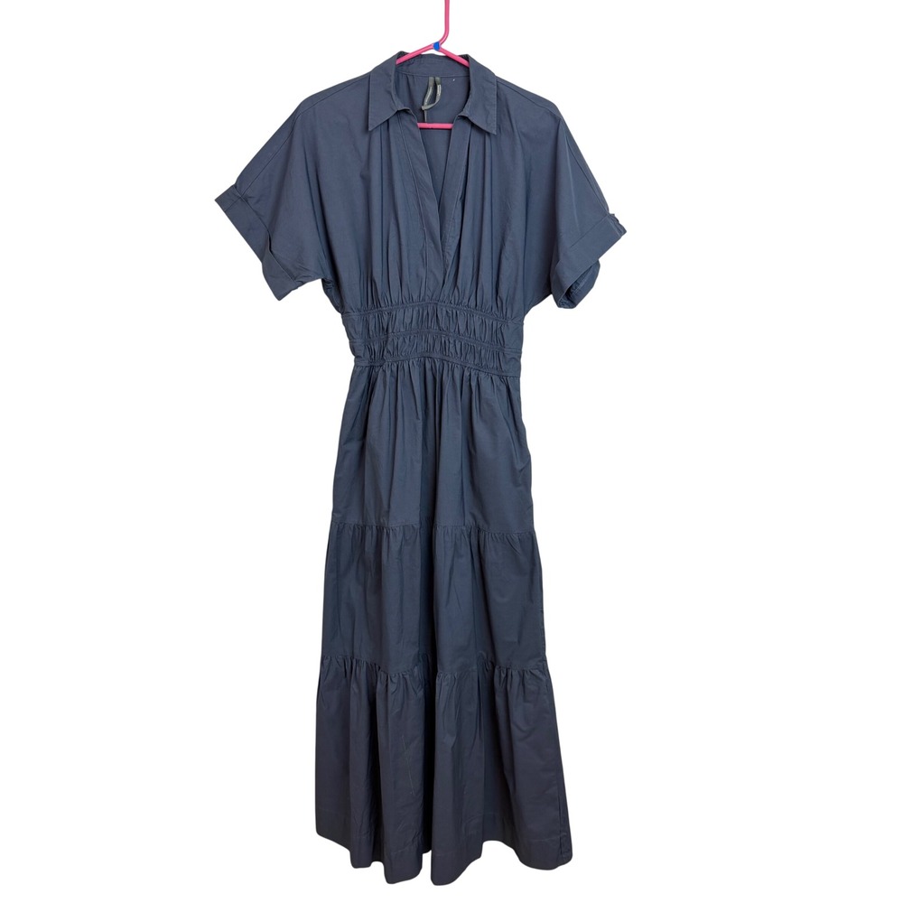 Anthropologie Somerset Dress Blue 100% Cotton Smocked Waist Tiered Maxi Small